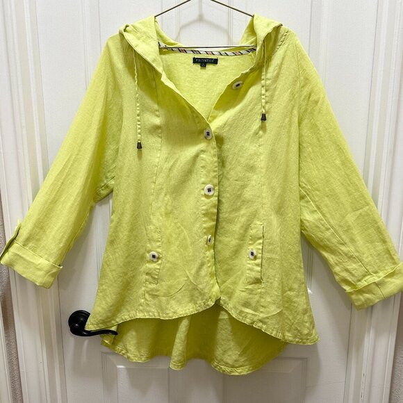 For Cynthia Women’s 100% Linen Tunic Jacket Size L Green Asymmetrical Hooded - Picture 1 of 12